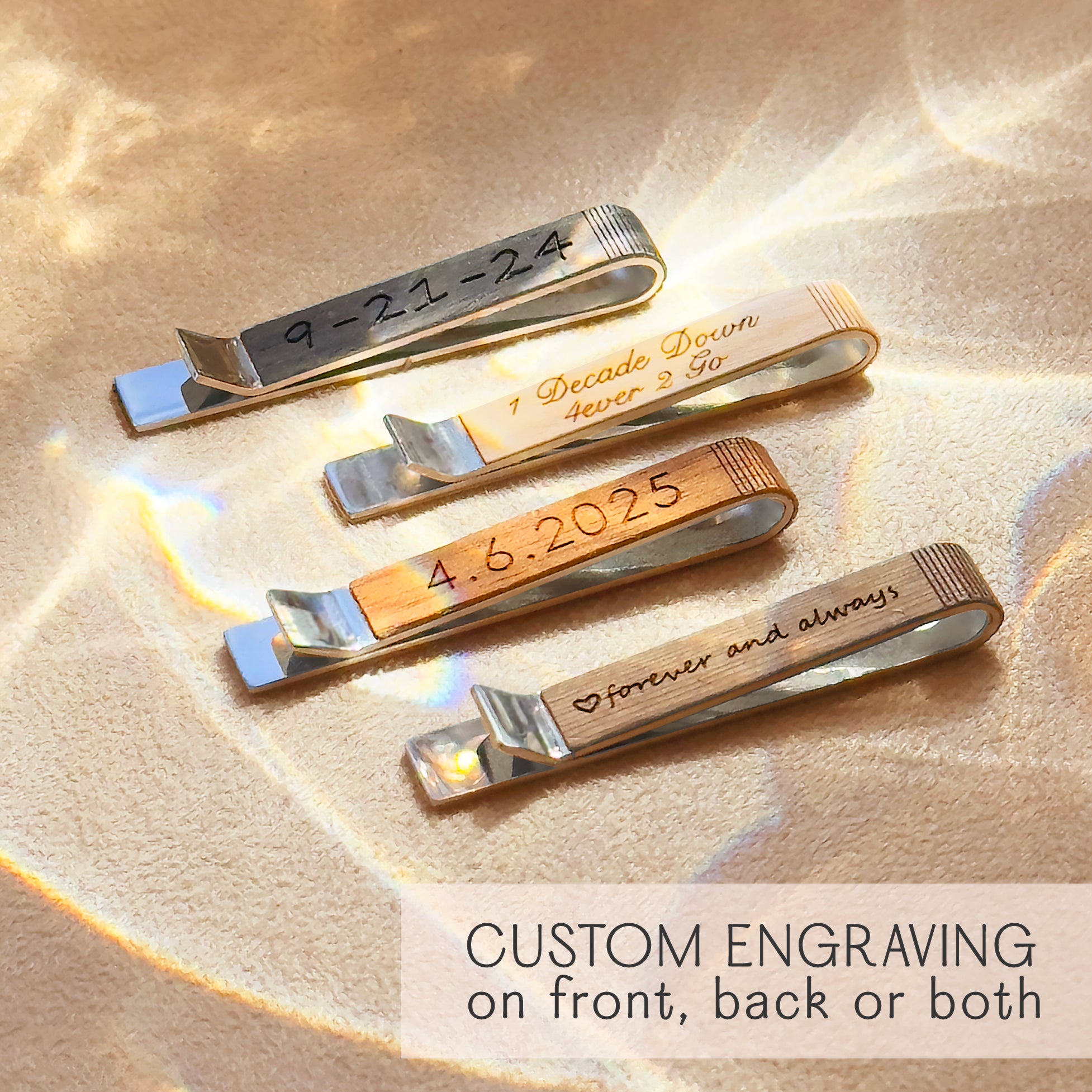 Personalized wood tie clips with engraving on front, back, or both sides. Choose from a variety of woods and fonts, or send handwriting for a unique keepsake. Great for weddings, groomsmen, best man, 5th anniversary wood gifts, Father’s Day, or graduation. Adds a unique and personal touch to men’s formal wear for business or special occasions.