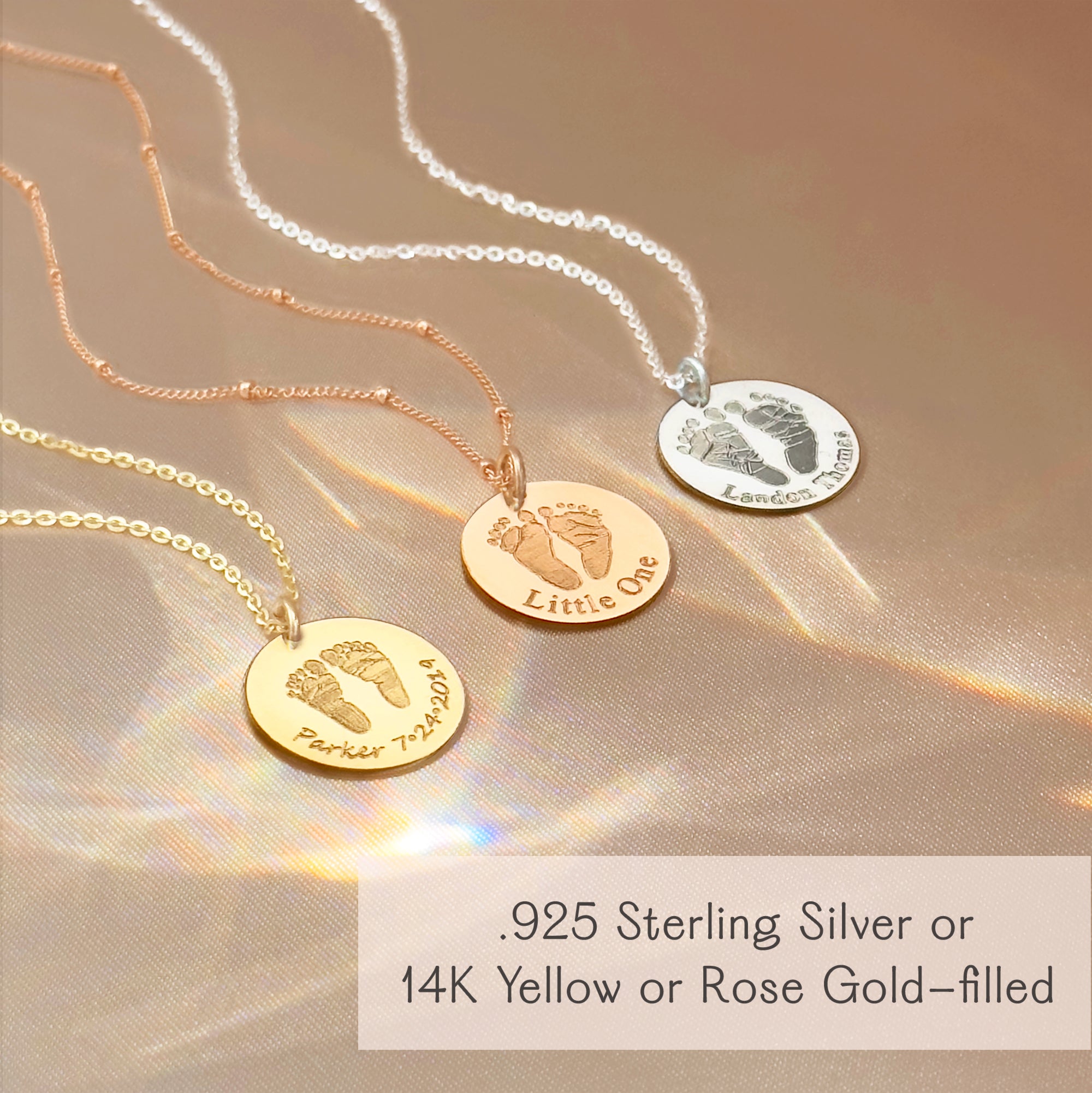 Custom baby footprint necklaces in sterling silver, 14k gold filled, and rose gold filled disc pendants engraved with actual baby footprints, personalized name, or date. Dainty memorial jewelry and keepsake necklace for mom, honoring new baby, child, or angel baby. A meaningful birth gift, baptism necklace, or remembrance jewelry to carry your little one close to your heart. Engraved with care, this necklace is a unique custom jewelry gift for moms, grandmothers, or parents celebrating new life, adoption, o