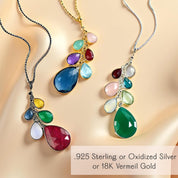 Handcrafted grandmother necklace with cascading teardrop birthstones, each gemstone representing children and grandchildren. This custom grandma jewelry is available in sterling silver, gold vermeil, or oxidized silver, with cable or satellite chain options. A meaningful family keepsake necklace, ideal as a Mother’s Day gift, birthday present, Christmas jewelry, or a thoughtful push present for new moms and mothers-in-law.