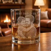Custom photo engraved whiskey glass with Best Dad Ever text and father child portrait engraving.