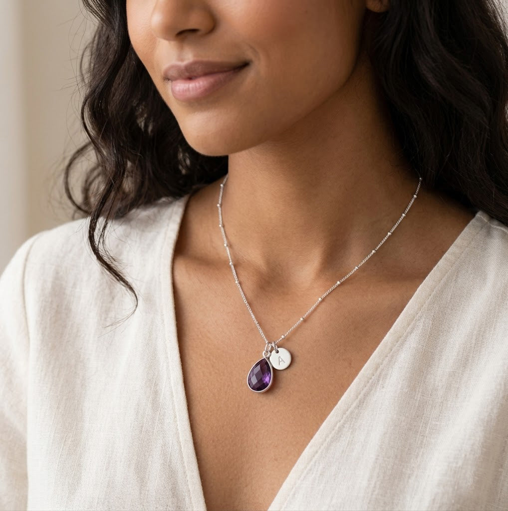 Family birthstone necklace with initial charm gift for mom