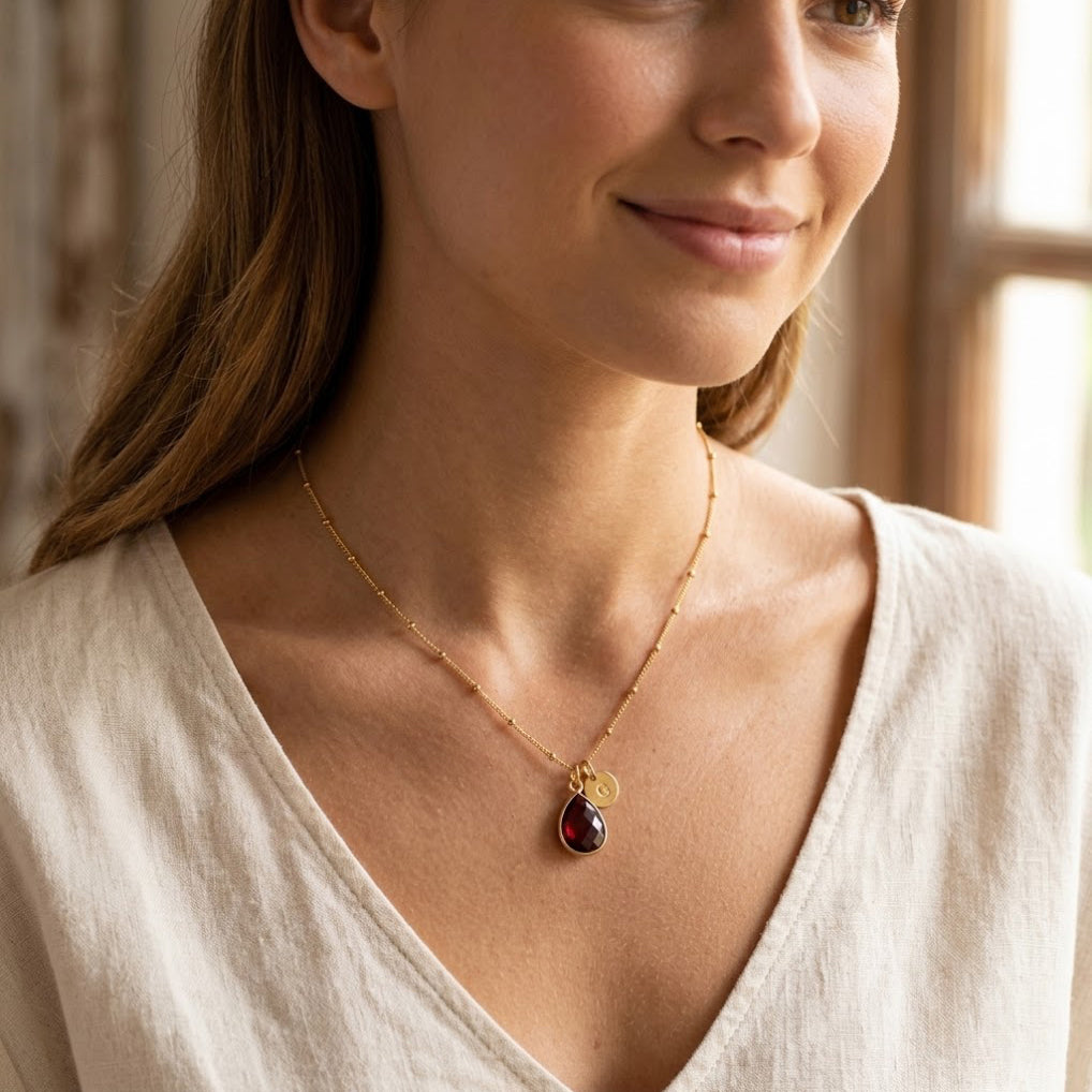 Birthstone initial necklace with teardrop gemstone and letter charm