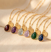 Birthstone initial necklace with teardrop gemstone and letter charm