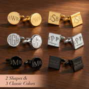 Collection of personalized cufflinks on a wooden surface with text indicating shapes and colors.