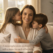 Lifestyle image of woman and kids — family birthstone necklace gift idea for mom and grandma
