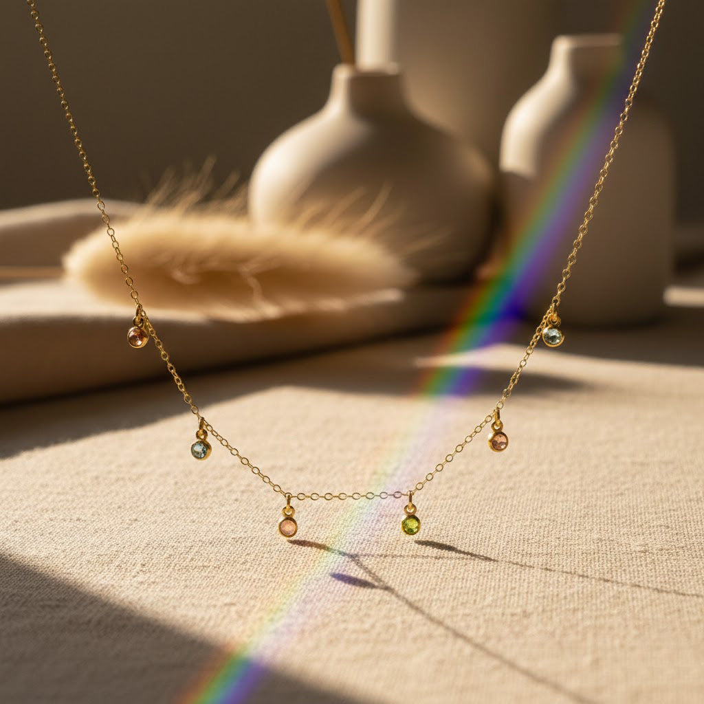 Custom tiny birthstone necklace variations — custom family necklace in sterling silver and gold vermeil