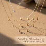 Necklace display showing sterling silver, yellow, and rose gold options — custom birthstone jewelry available in three metal choices