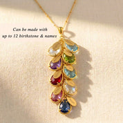 Detailed close-up of custom birthstone necklace with engraved name charms and colorful gemstones, personalized jewelry for mom or grandma in gold or sterling silver