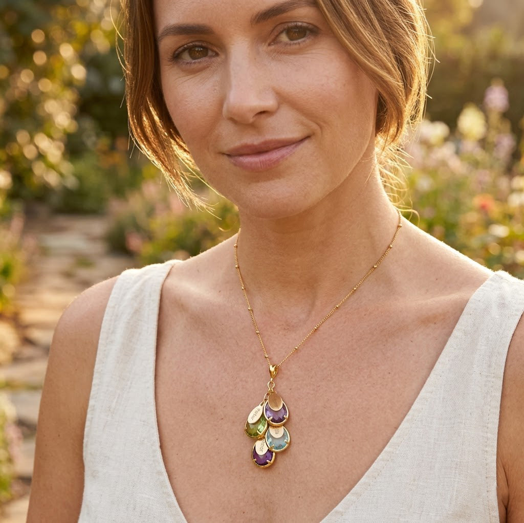 Personalized mother’s necklace with two teardrop birthstones, featuring green Peridot for August and purple Amethyst for February, paired with custom engraved oval name tags in gold. A meaningful family birthstone necklace handcrafted in sterling silver or gold filled, perfect as a Mother’s Day gift, birthday present for mom or grandma, or sentimental anniversary keepsake celebrating children and loved ones.