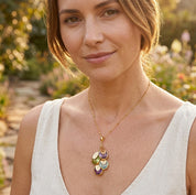 Personalized mother’s necklace with two teardrop birthstones, featuring green Peridot for August and purple Amethyst for February, paired with custom engraved oval name tags in gold. A meaningful family birthstone necklace handcrafted in sterling silver or gold filled, perfect as a Mother’s Day gift, birthday present for mom or grandma, or sentimental anniversary keepsake celebrating children and loved ones.