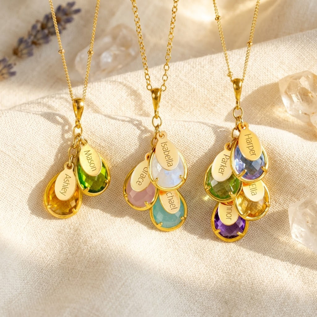 Three Family Tree Necklaces in 18k Vermeil Gold with Two, Three, and Four Cascading Teardrop Shape Prong Gemstones with Personalized Oval Tag Charms