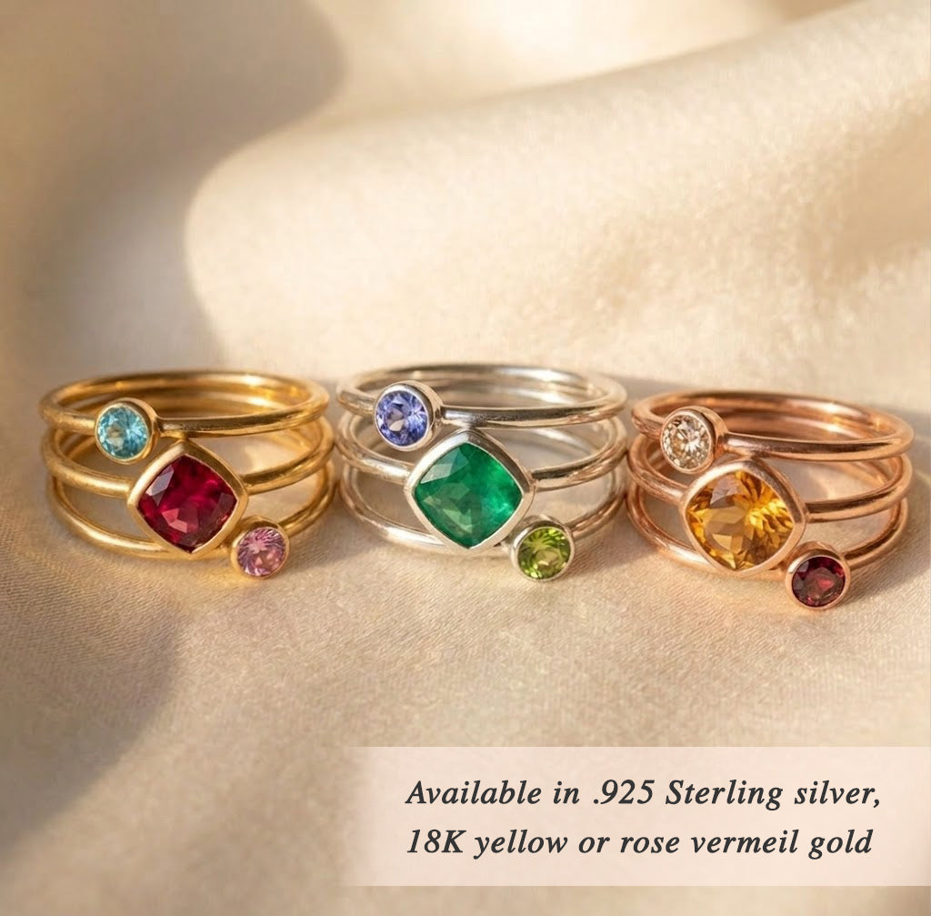 Birthstone ring set available in sterling silver, yellow 18K vermeil gold, and rose 18K vermeil gold for personalized family jewelry.