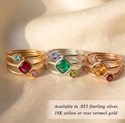 Birthstone ring set available in sterling silver, yellow 18K vermeil gold, and rose 18K vermeil gold for personalized family jewelry.