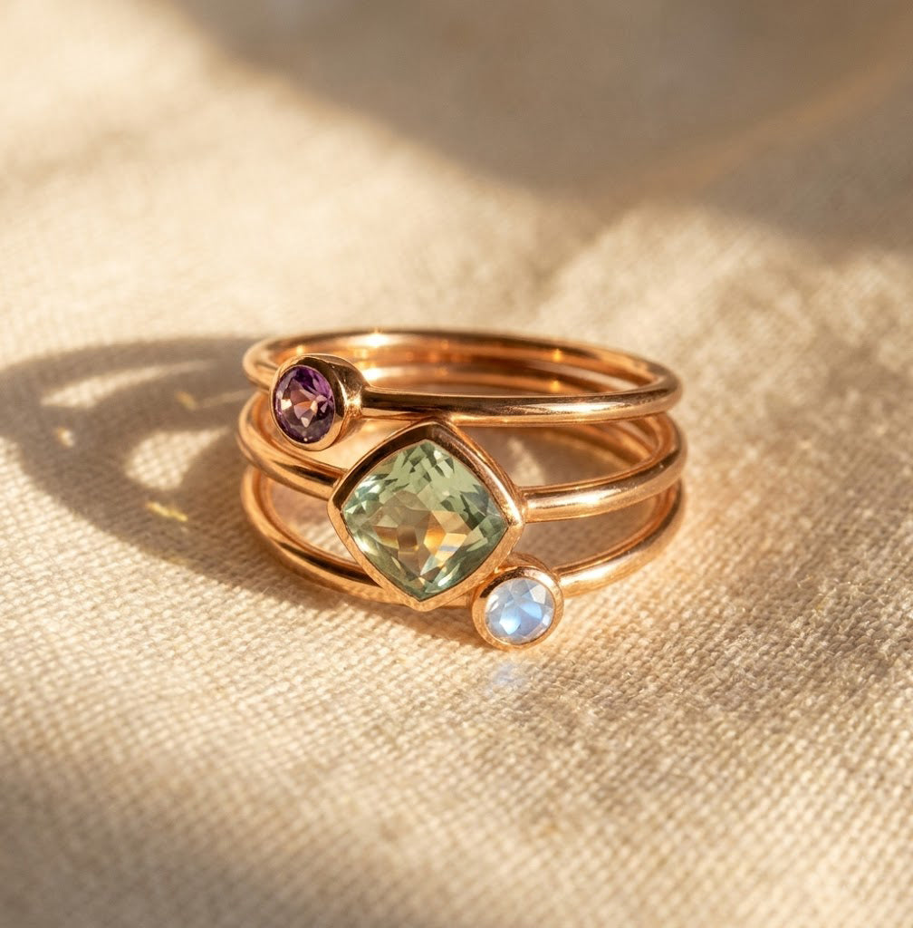Close-up of stacked birthstone rose gold rings with colorful teardrop gemstones in warm natural light, custom jewelry for moms and families.