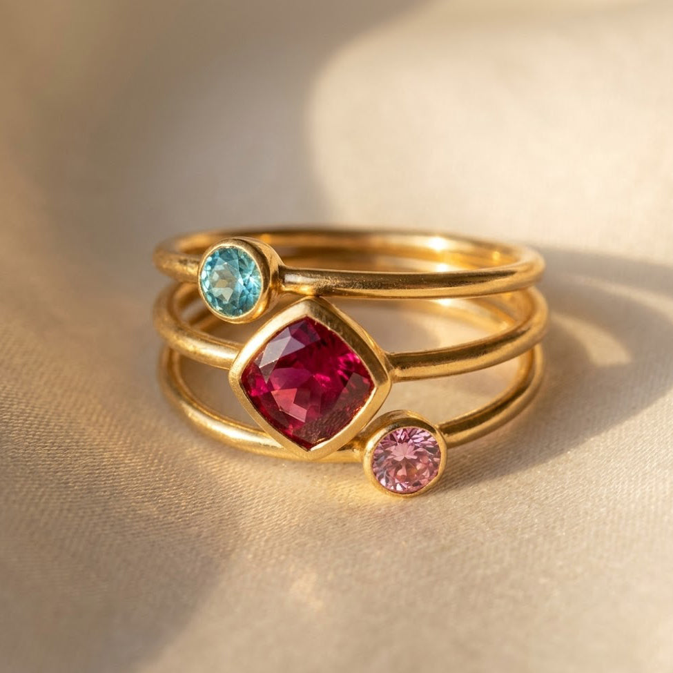 Mom and kids birthstone ring set with three teardrop gemstone rings in yellow gold, personalized family jewelry for mothers with children’s birthstones.