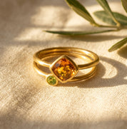 Yellow gold teardrop birthstone ring with citrine-colored gemstone, part of a custom mom and kids birthstone ring set.