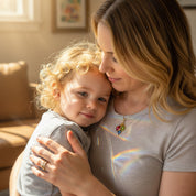 Mom wearing custom birthstone and name necklace with colorful gemstone charms representing children birthstones, sentimental family necklace gift for mom, personalized motherhood jewelry