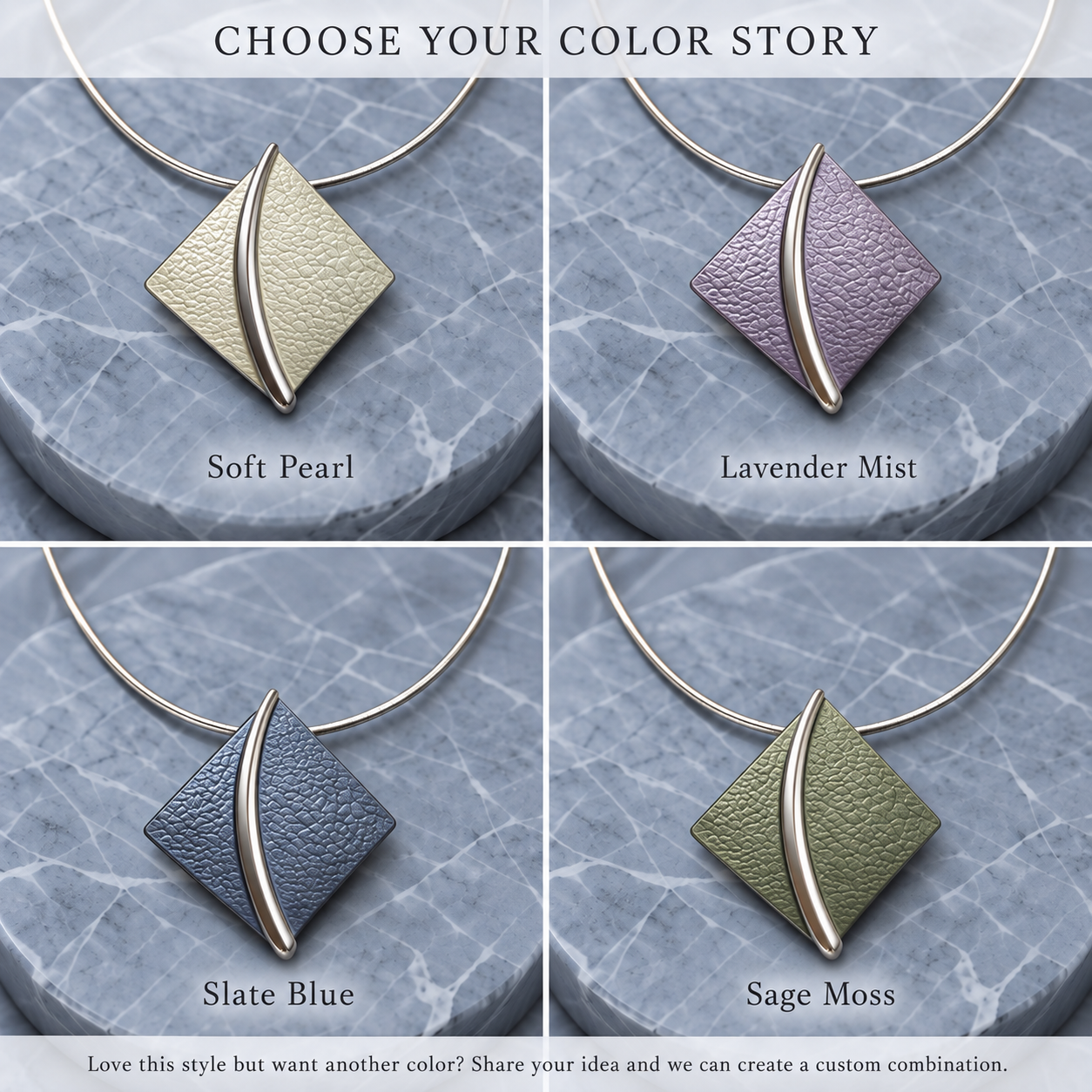 Sculpted leaf necklace color options in Soft Pearl Lavender Mist Slate Blue and Sage Moss
