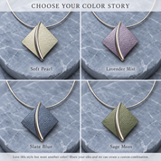 Sculpted leaf necklace color options in Soft Pearl Lavender Mist Slate Blue and Sage Moss
