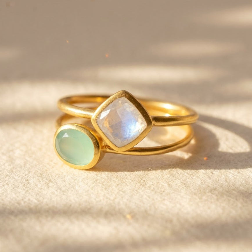 Oval and diamond shape birthstone rings in gold vermeil, stackable gemstone rings with bezel setting, personalized jewelry gift for her
