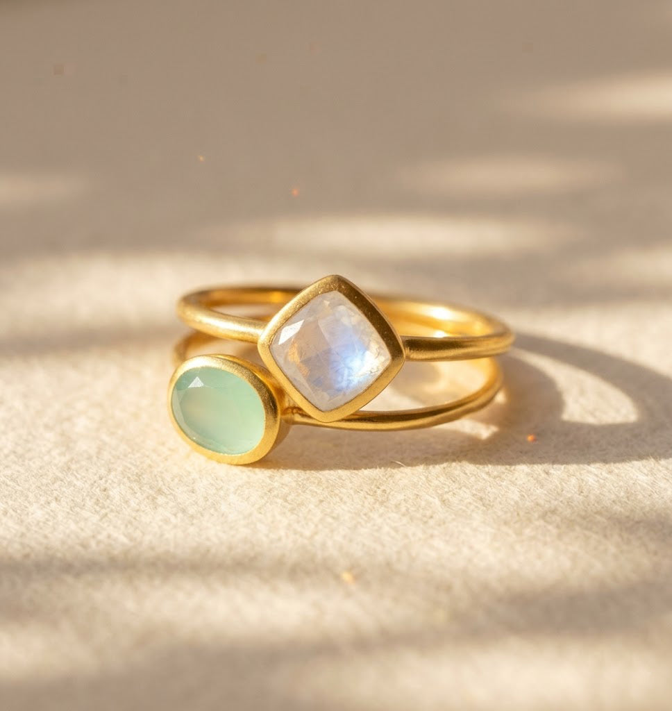 Oval and diamond shape birthstone rings in gold vermeil, stackable gemstone rings with bezel setting, personalized jewelry gift for her