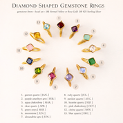 Diamond shape and oval bezel birthstone rings on hand, dainty personalized rings in gold vermeil for modern stacking look
