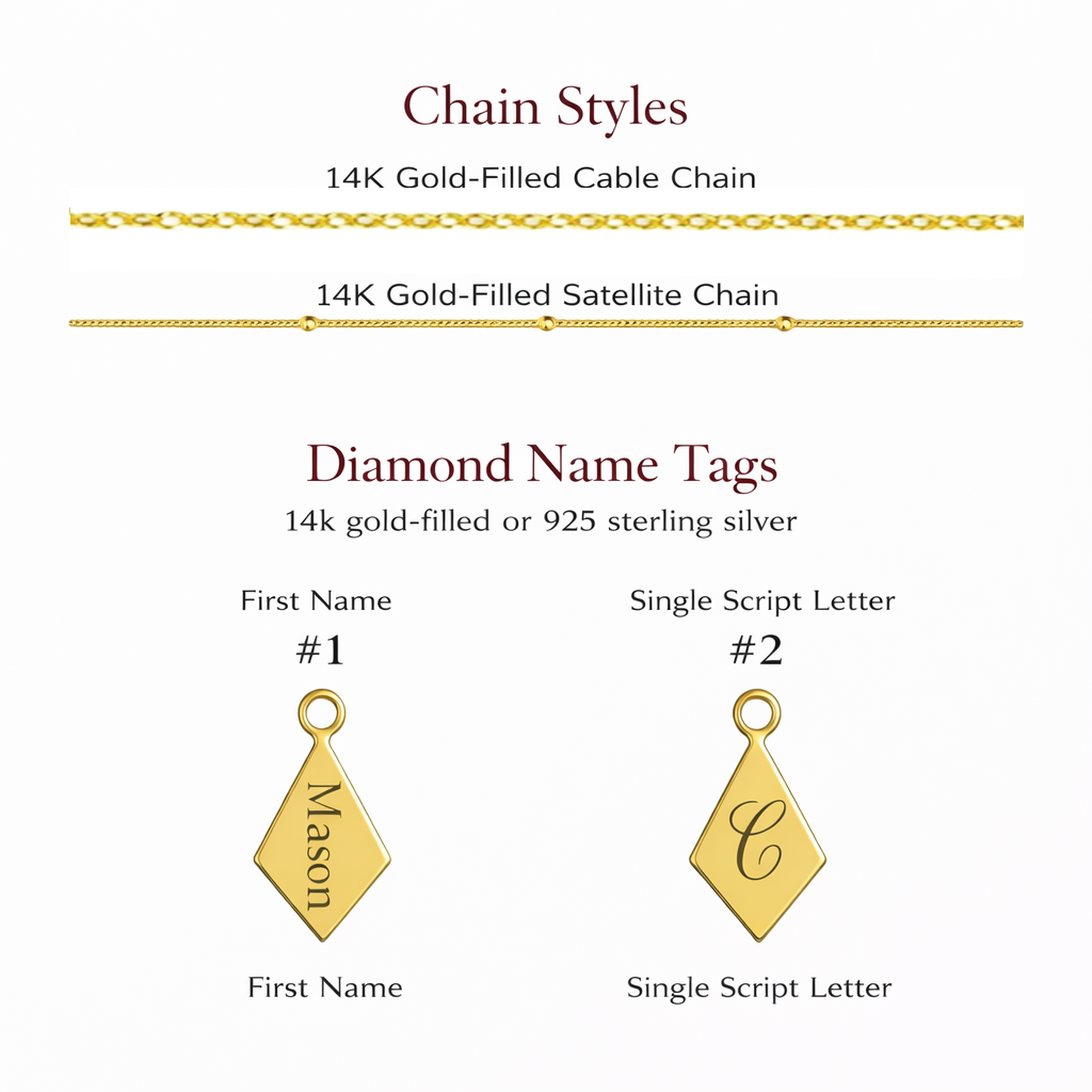 Gold filled cable and satellite chains are available for this style necklace. Diamond name tags can be engraved with a name or single script initial.