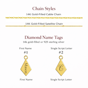 Gold filled cable and satellite chains are available for this style necklace. Diamond name tags can be engraved with a name or single script initial.