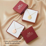 Custom engraved name disc necklace displayed in branded Danique Jewelry & Gifts boxes, featuring round gold pendant necklaces engraved with personalized names in elegant script. Minimalist personalized jewelry styled on soft satin fabric, highlighting luxury gift-ready packaging and thoughtful presentation. Meaningful custom name necklace designed as a gift for mom, wife, girlfriend, or daughter, perfect for birthdays, anniversaries, Mother’s Day, Valentine’s Day, new mom gifts, and everyday sentimental wea
