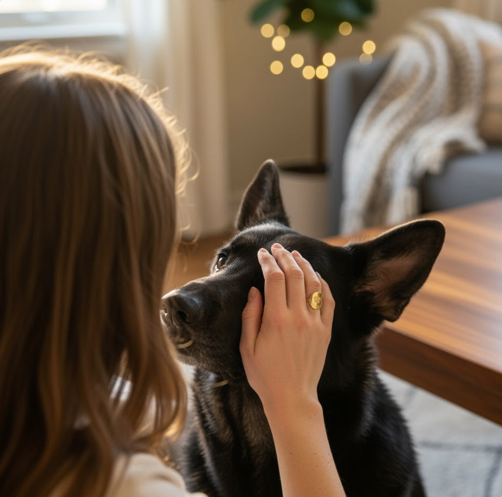 Cozy lifestyle scene of a woman sitting with her black dog, wearing her custom paw print ring as she pets their head, showing how the dainty engraved disc ring is an everyday reminder of her pup. Personalized pet memorial jewelry and dog mom gift idea, custom paw print ring that celebrates the bond with a beloved pet, ideal for birthdays, holidays or remembrance.
