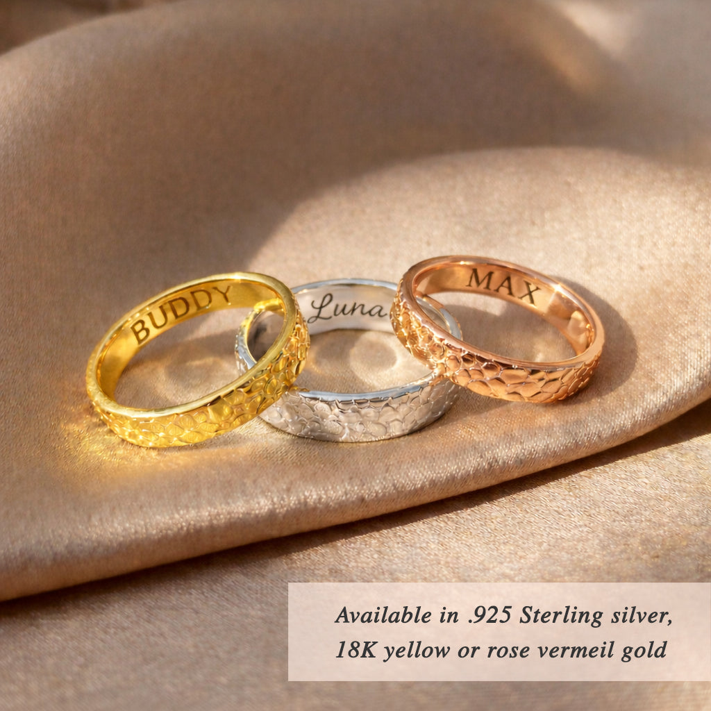 Set of three custom nose print rings displayed together in different metal colors including sterling silver yellow gold and rose gold tones, showing the pet nose texture pattern and the option for inside engraving, a personalized pet memorial ring for dog lovers and cat lovers, perfect gift for pet parents anniversaries or holiday gifting, handmade keepsake jewelry with a high shine finish and comfort fit band for stacking or wearing alone.