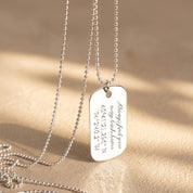 Custom engraved dog tag necklace for men in sterling silver with handwritten message