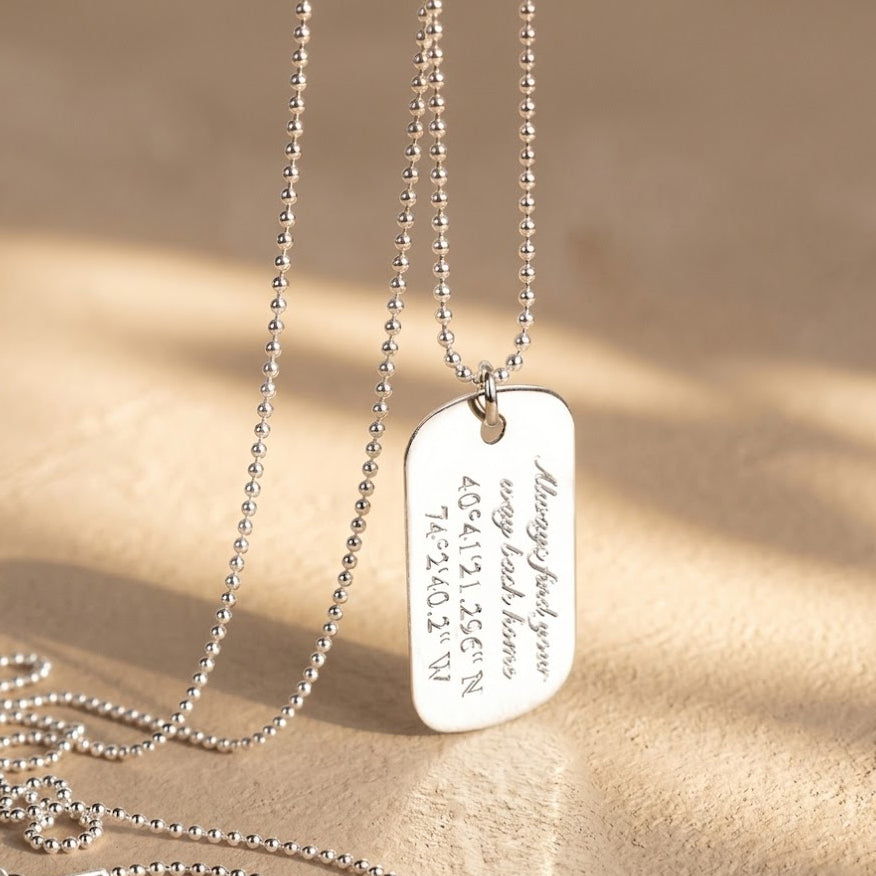 Custom engraved dog tag necklace for men in sterling silver with handwritten message