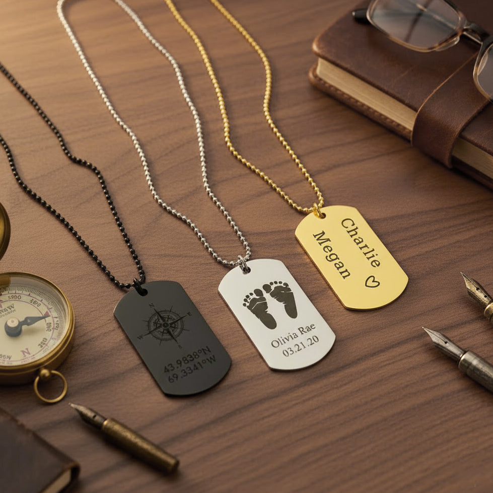 Personalized dog tag necklace in silver, black, and gold stainless steel with custom engraving options like coordinates, baby footprints, and names, perfect custom gift for men, boyfriend, or husband for birthdays, anniversaries, or Christmas holidays, unisex military-style pendant keepsake jewelry, includes ball chain necklace and durable finish, meaningful engraved accessory designed as a timeless keepsake piece that can be worn daily or gifted for special occasions, made in the USA.