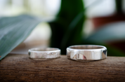 2 dog nose print rings on a log. Dog nose print ring, custom pet jewelry, personalized dog ring, sterling silver, vermeil gold, rose gold, pet memorial ring, engraved pet keepsake, dog lover gift, unique pet ring, dog nose jewelry, custom engraved ring, pet portrait jewelry, dog owner gift