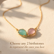 Two birthstone necklace with customizable teardrop gemstones chosen to represent two loved ones or meaningful birth months.
