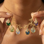 Personalized double-branch family tree necklace with colorful teardrop birthstones and engraved children's name charms in yellow gold.
