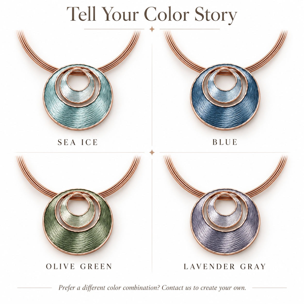 Layered Halo jewelry color options in Sea Ice Blue Olive Green and Lavender Gray

