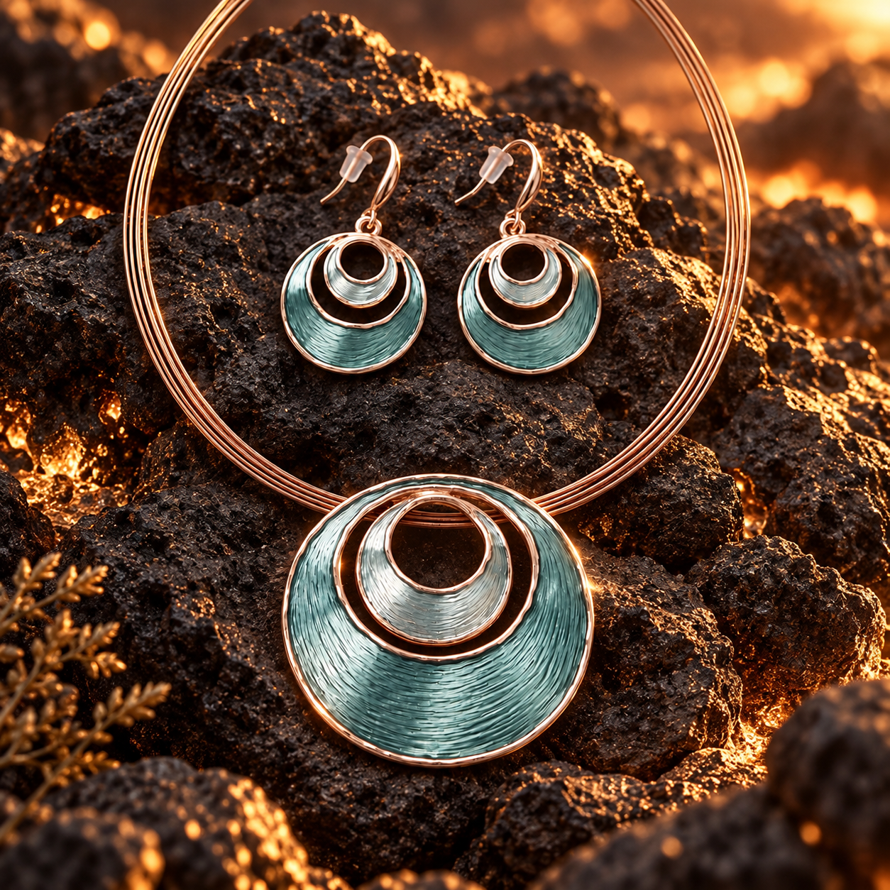 Sea Ice Layered Halo necklace and matching circular earrings displayed on dark stone

