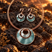 Sea Ice Layered Halo necklace and matching circular earrings displayed on dark stone

