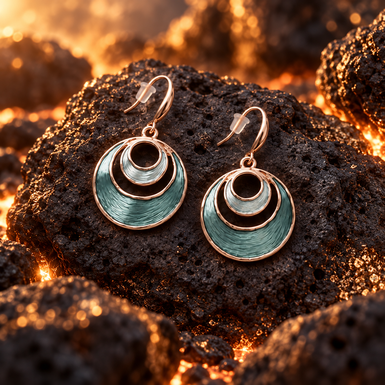 Sea Ice Layered Halo drop earrings with textured aqua and metallic circle design on dark stone

