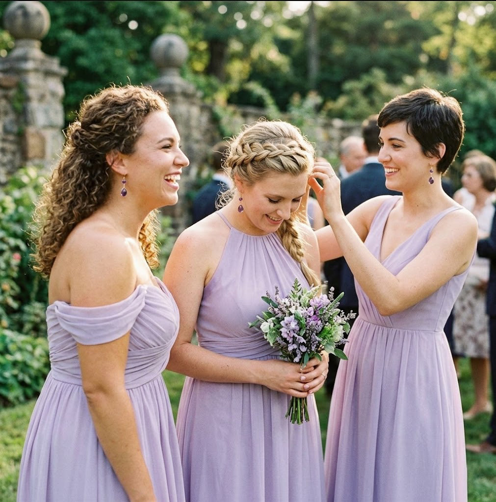 Bridesmaids in lavender dresses wearing personalized gemstone drop earrings at an outdoor wedding.