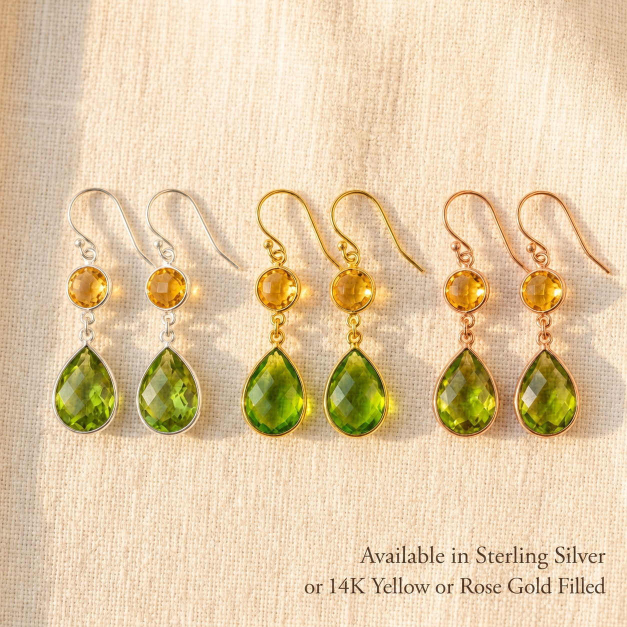 Double drop birthstone earrings in sterling silver, yellow gold filled, and rose gold filled.
