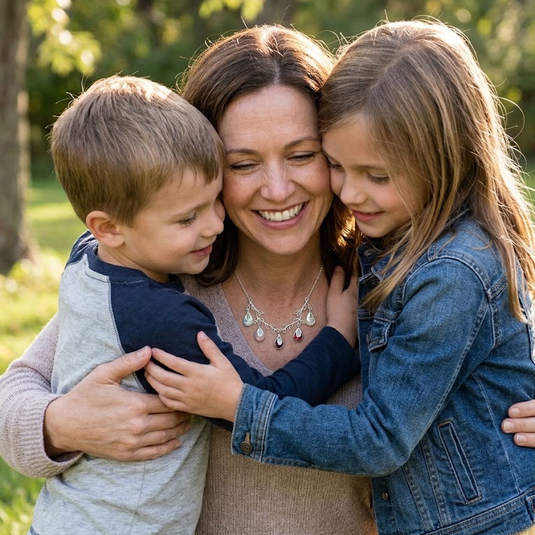 Mother with son and daughter wearing a personalized family tree birthstone necklace outdoors.