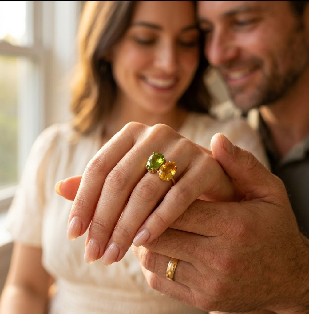 Personalized two birthstone ring shown on hand as a meaningful couples or mom gift