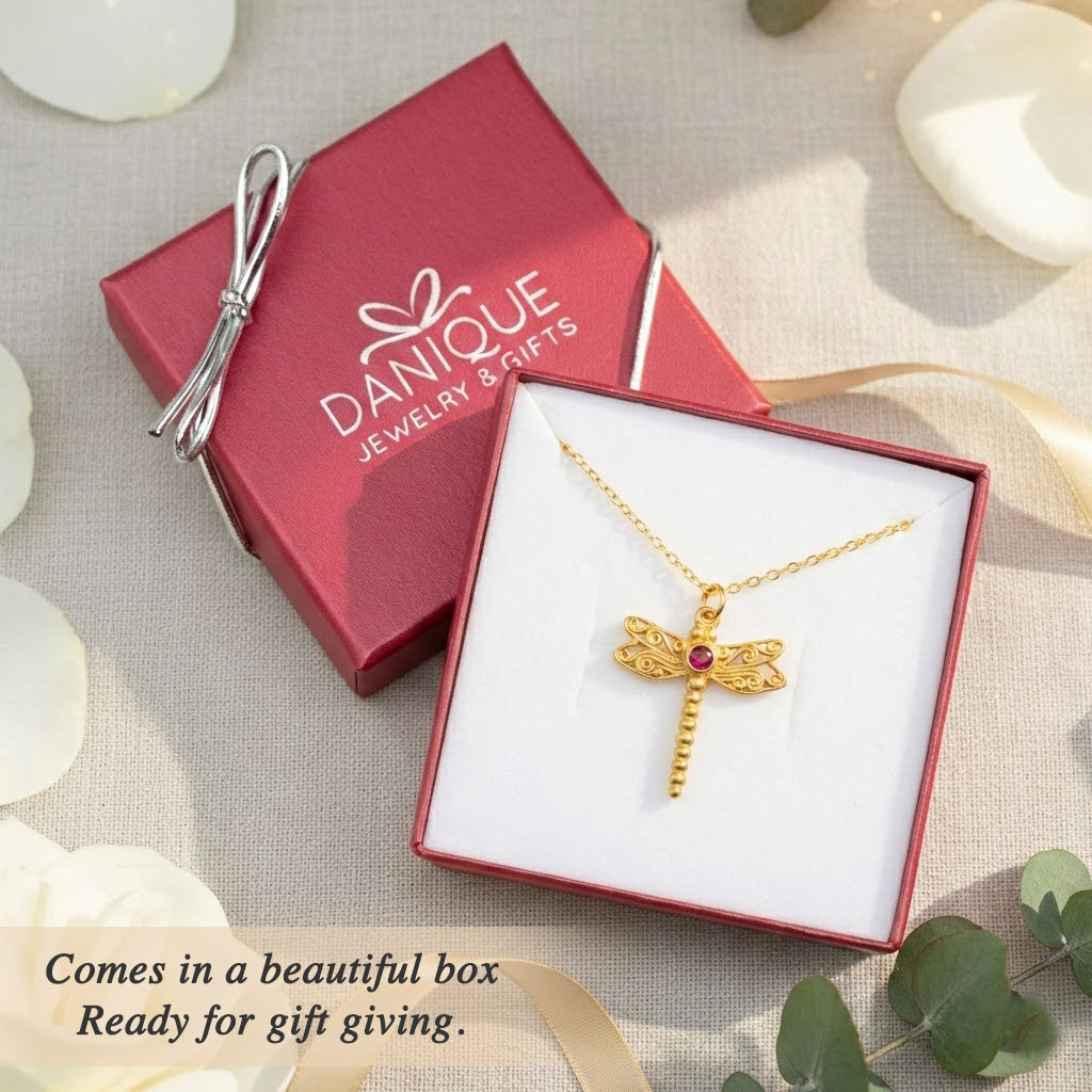 Gift packaging photo: dragonfly birthstone necklace presented in Danique Jewelry gift box, ready for gifting with elegant presentation, personalized custom birthstone pendant necklace in sterling silver or gold vermeil, perfect for birthday, anniversary, Christmas, Mother’s Day
