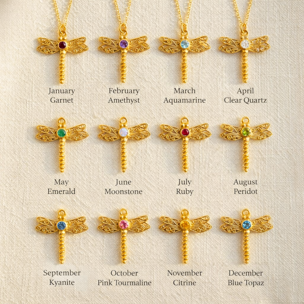 Birthstone month chart showing dragonfly pendant necklace with different birthstone colors, personalized custom birthstone necklace options for all 12 months, sterling silver / gold vermeil / rose gold vermeil, gift guide for birthdays, Mother’s Day, graduation, bridesmaids