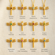 Birthstone month chart showing dragonfly pendant necklace with different birthstone colors, personalized custom birthstone necklace options for all 12 months, sterling silver / gold vermeil / rose gold vermeil, gift guide for birthdays, Mother’s Day, graduation, bridesmaids