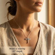 Model wearing dragonfly birthstone necklace on neckline, shown for fit and drop, delicate dragonfly pendant with custom birth month gemstone, minimalist everyday jewelry in 925 sterling silver or gold vermeil, gift for her, nature lover, sentimental keepsake