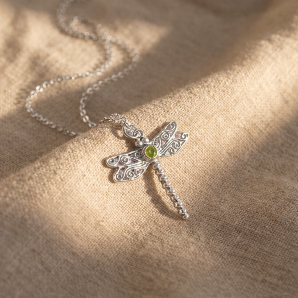 Silver dragonfly birthstone necklace flat lay with chain and pendant shadow, detailed wings with stones and center birthstone gem, personalized dragonfly pendant necklace in 925 sterling silver / gold vermeil / rose gold vermeil, dainty gift for mom, daughter, best friend